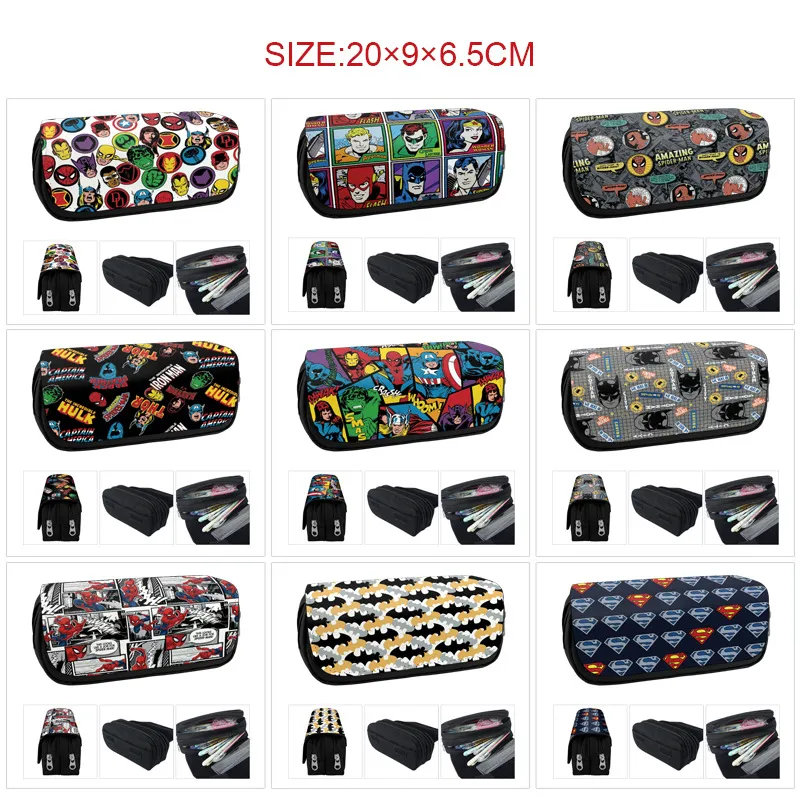 Marvel Avengers Inspired Double-Layer Canvas Pencil Case – Large Capacity Stationery Bag with Iron Man & Captain America Print, Durable Zipper Pencil Pouch for School, Students & Superhero Fans